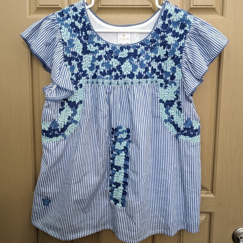 J. Marie Womens Blue Vertical Pinstripe EmbroideredBlouse Sz L Ruffle Cap Sleeve